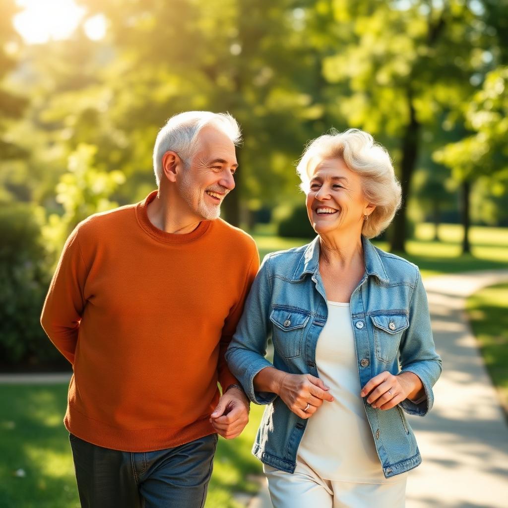A relaxed couple walking outdoors, enjoying an active lifestyle after finding sciatic pain relief