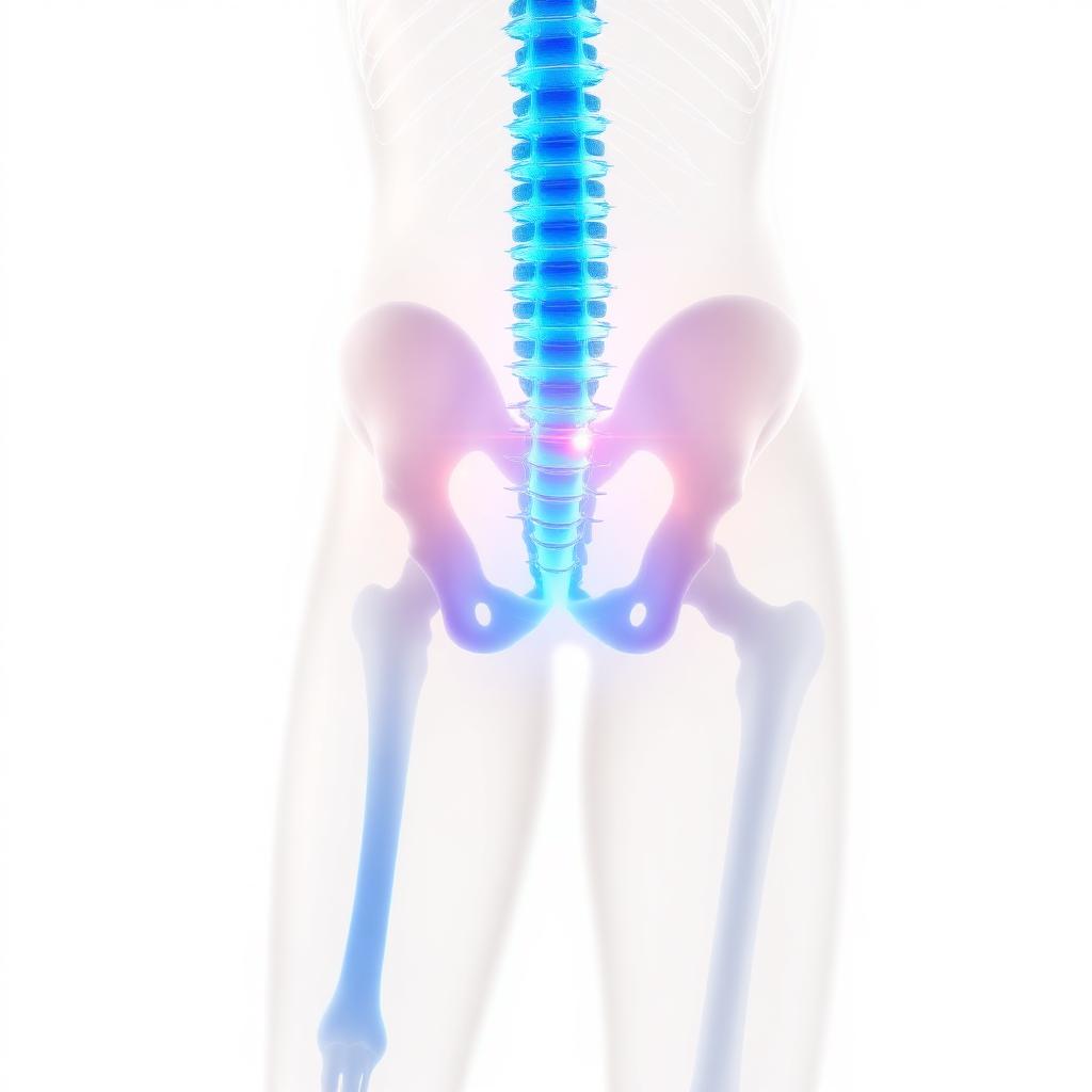 Anatomical illustration highlighting the sciatic nerve pathway from lower back to leg